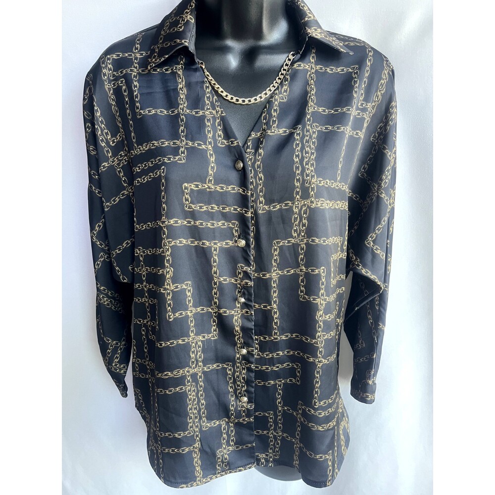 Phardi European Satin Black Button Down Blouse Chains Equestrian Formal Office 8